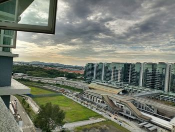 High angle view of buildings against sky