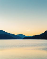 Scenic view of lake against clear sky during sunset