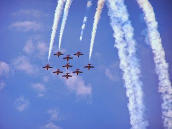 Low angle view of airshow in blue sky