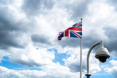 Low angle view of flag against sky