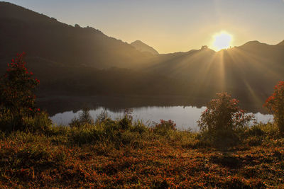 Scenic view of lake against sky during sunset