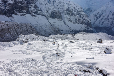 A snowy road from annapurna base camp - nepal, himalayas