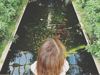 Rear view of girl against pond