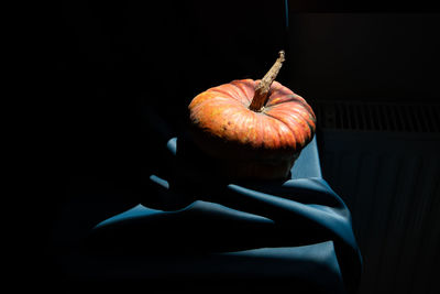 Close-up of hand holding apple against black background