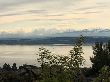 Scenic view of lake and mountains against sky