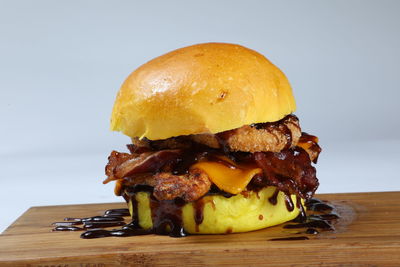 Close-up of burger on table