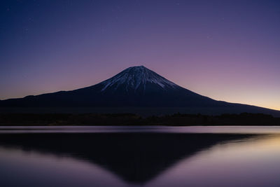 Scenic view of snowcapped mountains against sky during sunset