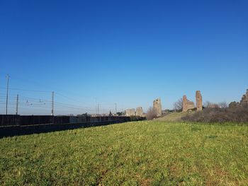 Field against clear blue sky