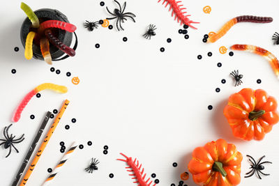 High angle view of multi colored candies against white background