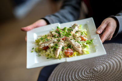 Cropped image of hand holding arugula salad in plate