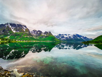 Scenic view of lake and mountains against sky