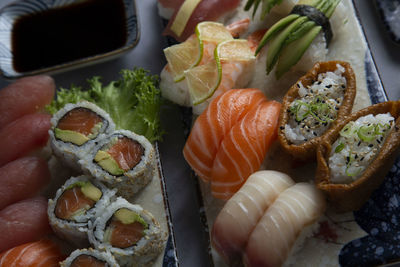 High angle view of sushi in plate on table