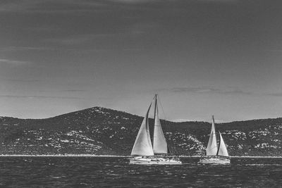 Sailboat sailing on sea against sky