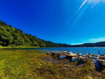 Scenic view of lake against blue sky