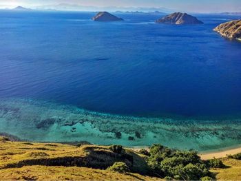 Scenic view of sea and mountains against sky