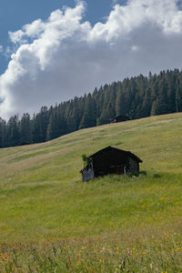 Built structure on field against sky