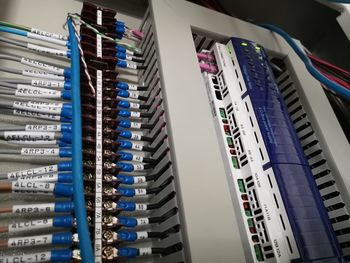 High angle view of books in row