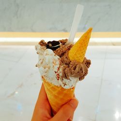 Close-up of hand holding ice cream cone