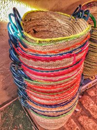 High angle view of multi colored wicker basket on table