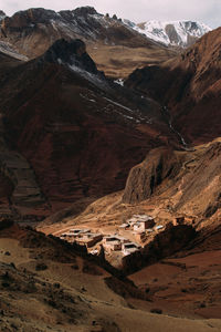 High angle view of landscape and mountains against sky