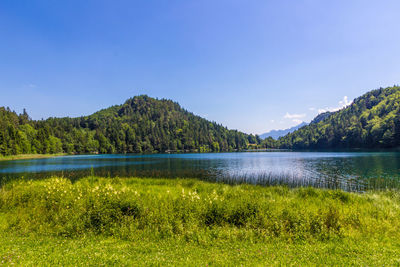 Scenic view of lake and mountains against clear sky