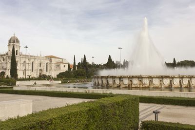 External garden of jeronimos monastery in lisbon, with its monumental fountain