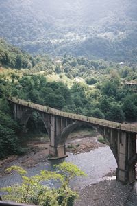 Bridge over river against mountains