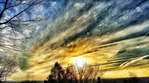 Low angle view of bare tree against cloudy sky