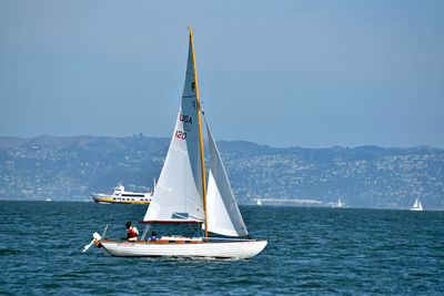 Sailboat sailing on sea against clear sky