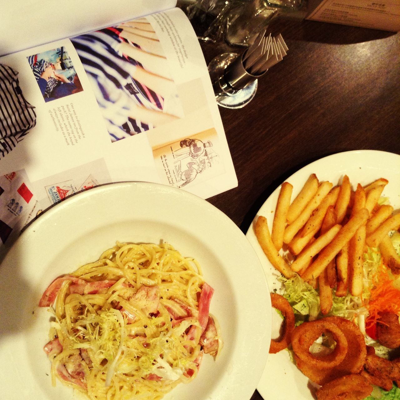 food and drink, food, indoors, freshness, plate, ready-to-eat, table, still life, healthy eating, meal, high angle view, serving size, fork, noodles, indulgence, bowl, pasta, spoon, french fries, close-up