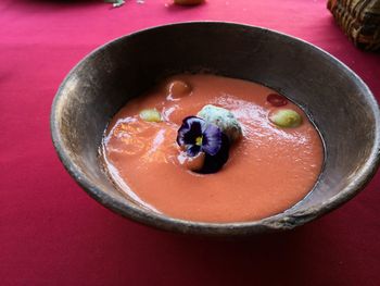 High angle view of soup in bowl on table