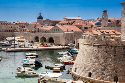 Dubrovnik city old port marina and fortifications