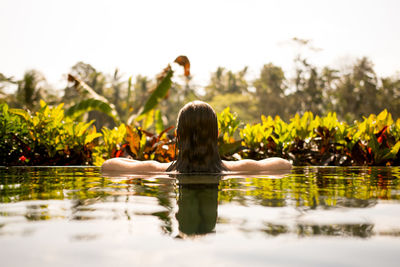 Rear view of woman in infinity pool against plants