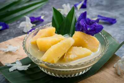 Close-up of fresh fruits in bowl on table