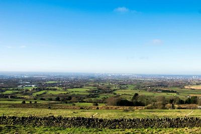 Scenic view of agricultural field against clear sky