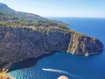 Scenic view of sea against clear blue sky