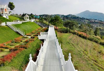 High angle view of trees on landscape against sky