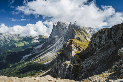 Scenic view of mountain range against cloudy sky