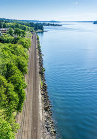 Train tracks run along the shore of the tacoma narrows waterway.