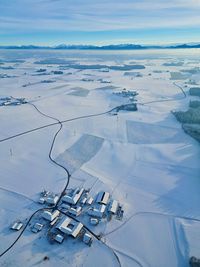 Aerial view of snow covered landscape