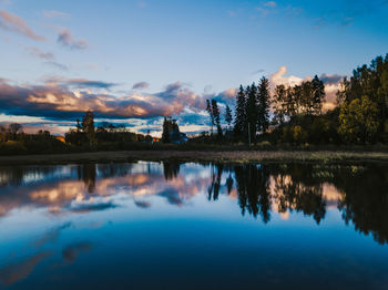 Scenic view of lake against sky at sunset