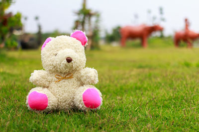 Close-up of stuffed toy on field