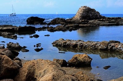 Rocks on shore by sea against sky