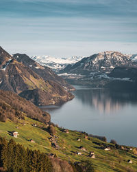 Scenic view of lake and mountains against sky