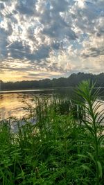 Scenic view of lake against sky during sunset