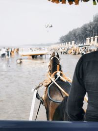 Man riding horse cart against sky