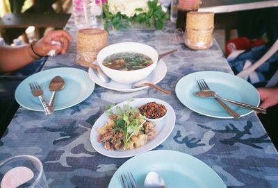 High angle view of food served on table