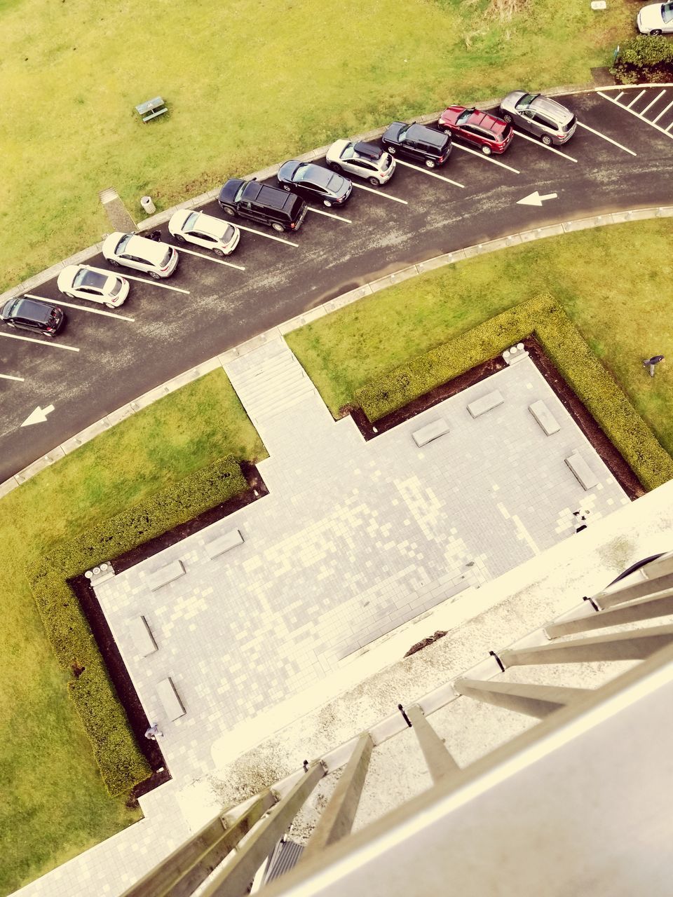 grass, high angle view, architecture, building exterior, built structure, plant, nature, day, transportation, no people, tilt, field, outdoors, road, building, landscape, aerial view, land, green color, environment