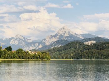 Scenic view of lake and mountains against sky