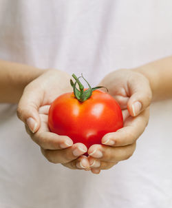 Close-up of woman hands holding tomato